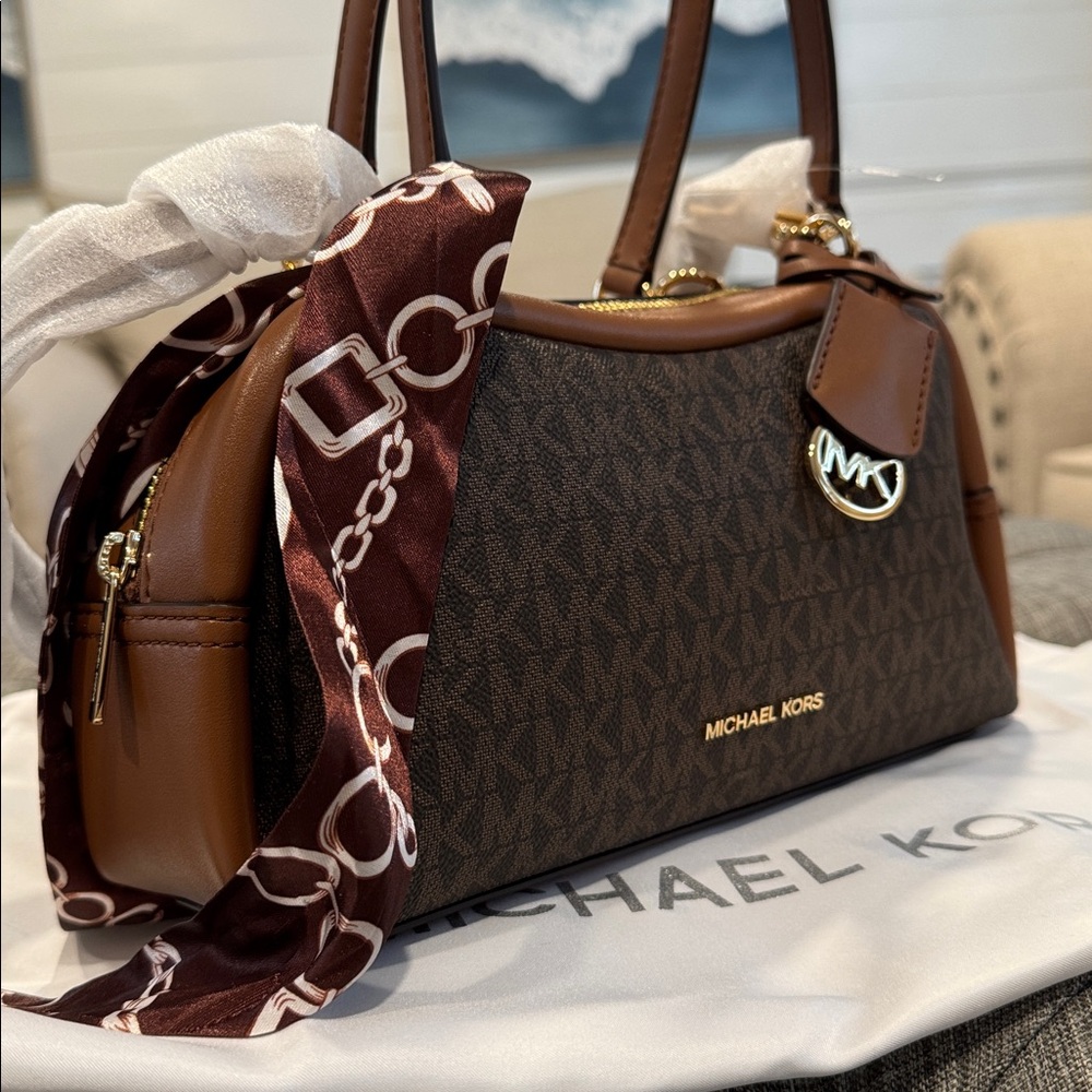 Michael Kors Bag Jet Set Signature Brown Leather Satchel Crossbody - Picture 2 of 16